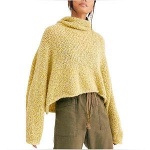 Free People Cowl Neck Oversized Crop Sweater, Yellow Knit, L